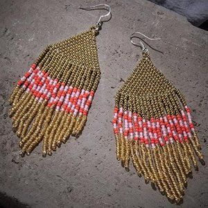 Big Brown Gold Pink Red Bohemian Beaded Festival Earrings Tassel Fringe Boho New